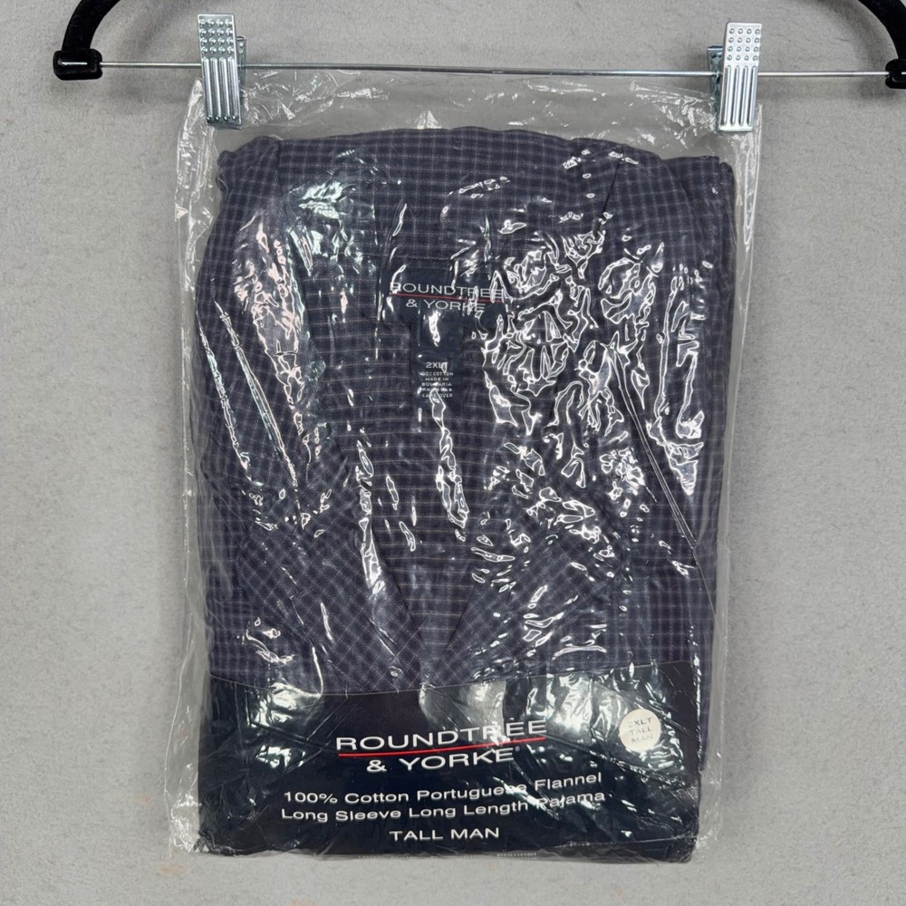 Roundtree & Yorke Pajama Set Men 2XLT Navy Blue Grid Flannel Tall Sleepwear